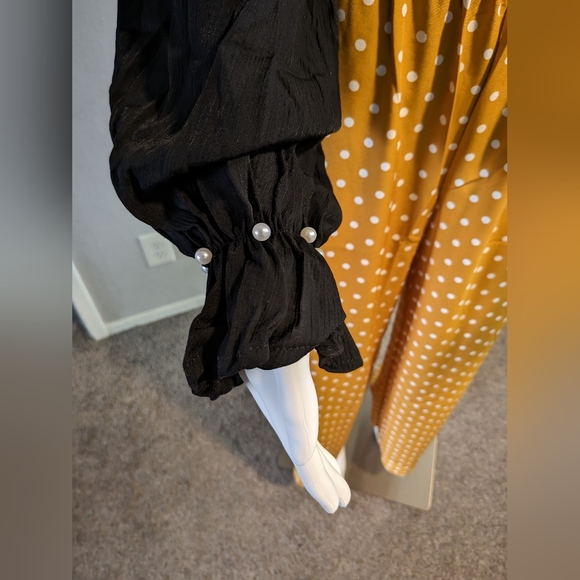 Polka dot print Shirred pants,stand Collar Flounce long sleeve shirt, dress - Picture 6 of 7